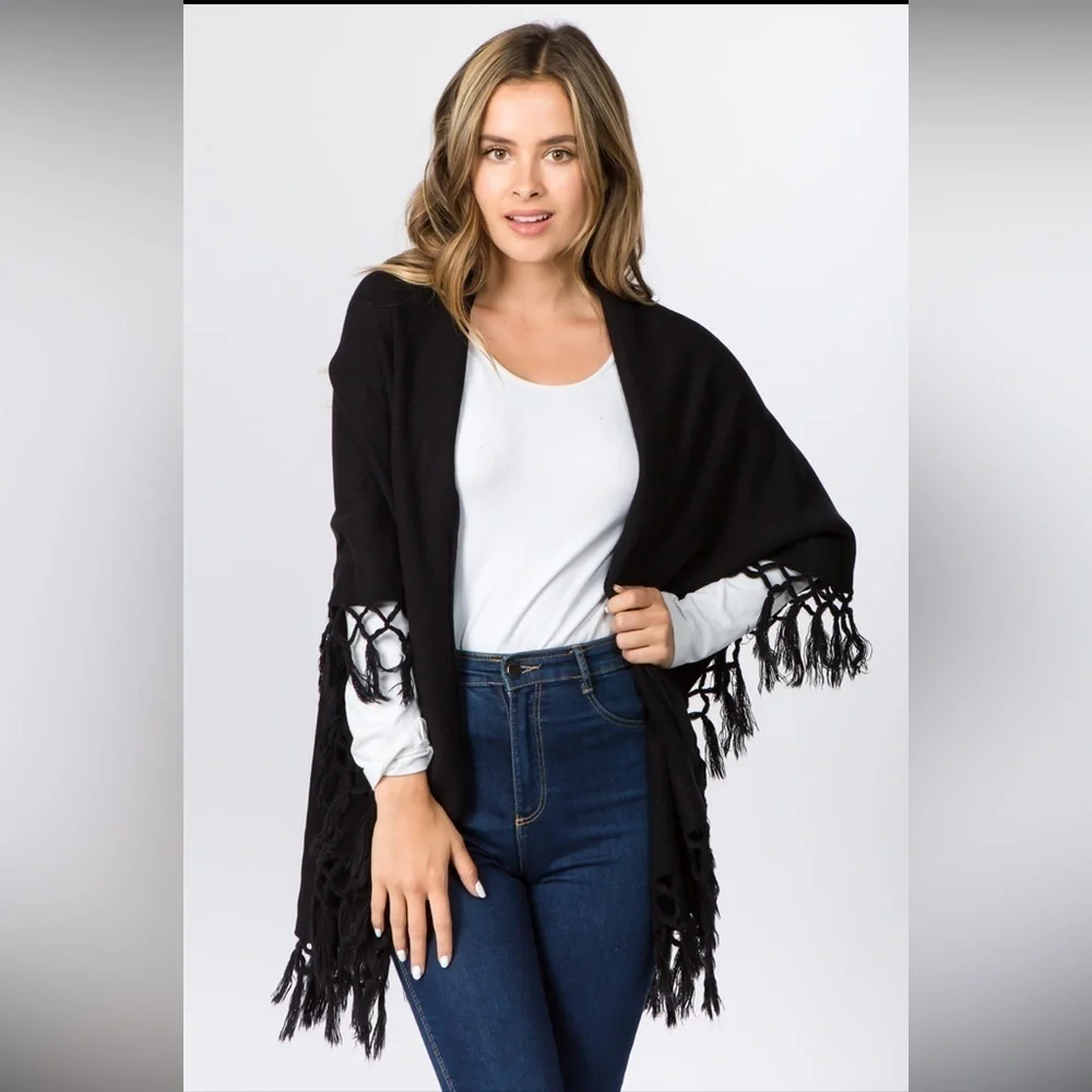 Double Layered Fringe Vest- Black OSFM 100% Acrylic